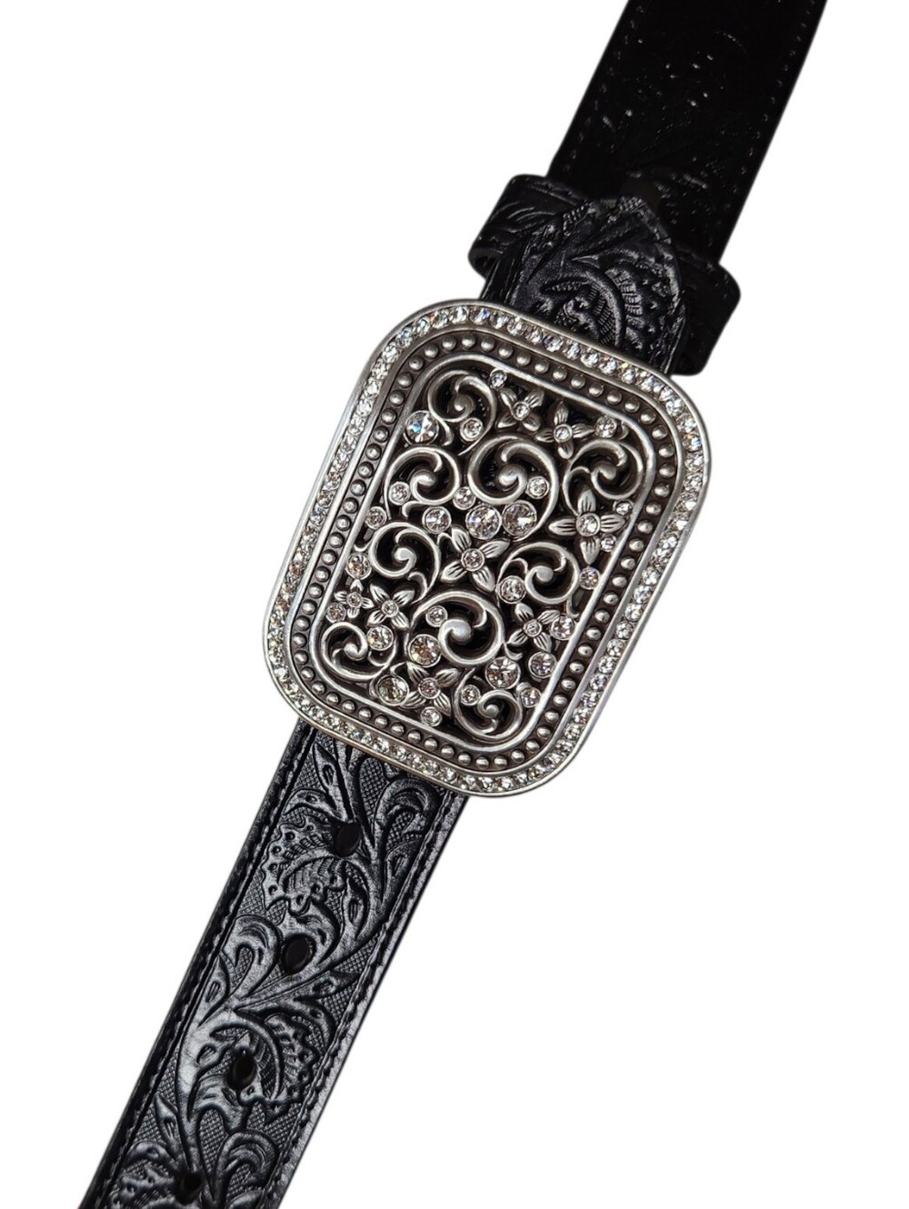 Ariat Women's Black Tooled Leather Rhinestone Filigree Western Belt Size Small